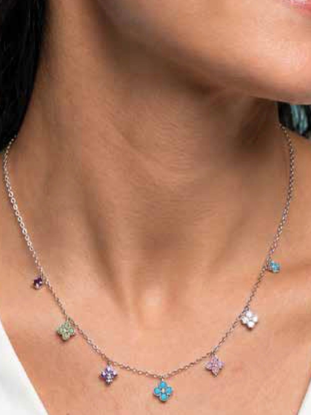 Rhodium plated  Multi-Gem Floral Charm Necklace in Pastel Colors NWT in box